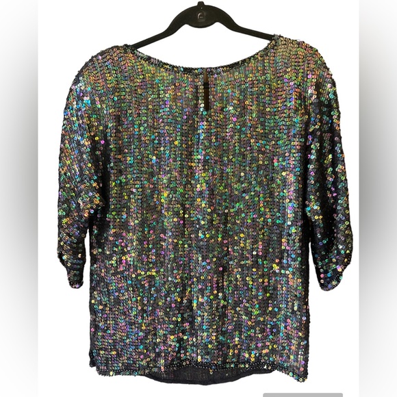 Vintage Original 80's 90's Black Sequins Beaded Top Blouse F.A. Chatta Medium - Picture 3 of 12